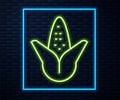 Glowing neon line Corn icon isolated on brick wall background. Vector