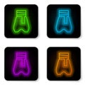 Glowing neon line Cossack pants with a belt icon isolated on white background. Cossack bloomers. Black square button