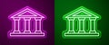 Glowing neon line Courthouse building icon isolated on purple and green background. Building bank or museum. Vector