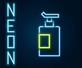 Glowing neon line Cream or lotion cosmetic tube icon isolated on black background. Body care products for woman