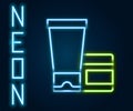 Glowing neon line Cream or lotion cosmetic tube icon isolated on black background. Body care products for woman