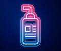 Glowing neon line Cream or lotion cosmetic tube icon isolated on blue background. Body care products for woman. Vector