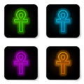 Glowing neon line Cross ankh icon isolated on white background. Black square button. Vector Illustration