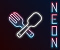 Glowing neon line Crossed fork and spoon icon isolated on black background. Cooking utensil. Cutlery sign. Colorful