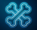 Glowing neon line Crossed human bones icon isolated on blue background. Vector