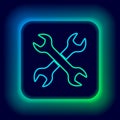 Glowing neon line Crossed wrenchs icon isolated on black background. Spanner repair tool. Service tool symbol. Colorful