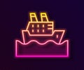 Glowing neon line Cruise ship in ocean icon isolated on black background. Cruising the world. Vector