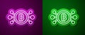 Glowing neon line Cryptocurrency bitcoin in circle with microchip circuit icon isolated on purple and green background Royalty Free Stock Photo