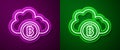 Glowing neon line Cryptocurrency cloud mining icon isolated on purple and green background. Blockchain technology Royalty Free Stock Photo