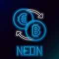 Glowing neon line Cryptocurrency exchange icon isolated on black background. Bitcoin to euro exchange icon Royalty Free Stock Photo