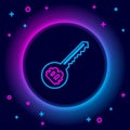 Glowing neon line Cryptocurrency key icon isolated on black background. Concept of cyber security or private key Royalty Free Stock Photo