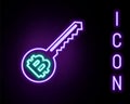 Glowing neon line Cryptocurrency key icon isolated on black background. Concept of cyber security or private key Royalty Free Stock Photo