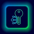 Glowing neon line Cryptocurrency key icon isolated on black background. Concept of cyber security or private key Royalty Free Stock Photo