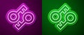 Glowing neon line Cryptocurrency key icon isolated on purple and green background. Concept of cyber security or private Royalty Free Stock Photo