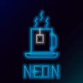 Glowing neon line Cup of tea with tea bag icon isolated on black background. Colorful outline concept. Vector Royalty Free Stock Photo