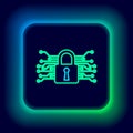 Glowing neon line Cyber security icon isolated on black background. Closed padlock on digital circuit board. Safety Royalty Free Stock Photo