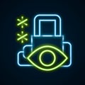 Glowing neon line Cyber security icon isolated on black background. Closed padlock on digital circuit board. Safety Royalty Free Stock Photo