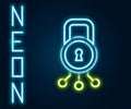 Glowing neon line Cyber security icon isolated on black background. Closed padlock on digital circuit board. Safety Royalty Free Stock Photo