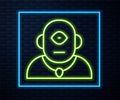 Glowing neon line Cyclops icon isolated on brick wall background. Vector