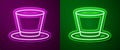 Glowing neon line Cylinder hat icon isolated on purple and green background. Vector