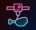 Glowing neon line 3D printer chicken leg icon isolated on black background. 3d printing. Vector Royalty Free Stock Photo