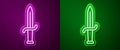 Glowing neon line Dagger icon isolated on purple and green background. Knife icon. Sword with sharp blade. Vector Royalty Free Stock Photo