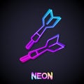 Glowing neon line Dart arrow icon isolated on black background. Vector