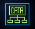 Glowing neon line Data analysis icon isolated on brick wall background. Business data analysis process, statistics