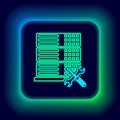 Glowing neon line Database server with screwdriver and wrench icon isolated on black background. Adjusting, service Royalty Free Stock Photo