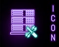 Glowing neon line Database server with screwdriver and wrench icon isolated on black background. Adjusting, service Royalty Free Stock Photo
