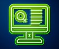 Glowing neon line Dating app online laptop concept icon isolated on blue background. Female male profile flat design