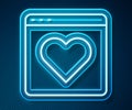 Glowing neon line Dating app online laptop concept icon isolated on blue background. Female male profile flat design
