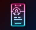 Glowing neon line Dating app online mobile concept icon isolated on black background. Female male profile flat design