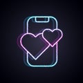 Glowing neon line Dating app online mobile concept icon isolated on black background. Female male profile flat design