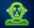 Glowing neon line Deafness icon isolated on blue background. Deaf symbol. Hearing impairment. Vector