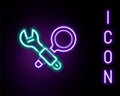 Glowing neon line Debugging icon isolated on black background. Debugging tool. Magnifying glass on bug programming Royalty Free Stock Photo