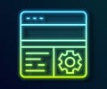 Glowing neon line Debugging icon isolated on black background. Debugging tool. Magnifying glass on bug programming Royalty Free Stock Photo