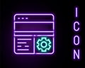 Glowing neon line Debugging icon isolated on black background. Debugging tool. Magnifying glass on bug programming Royalty Free Stock Photo
