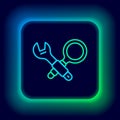 Glowing neon line Debugging icon isolated on black background. Debugging tool. Magnifying glass on bug programming Royalty Free Stock Photo