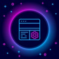 Glowing neon line Debugging icon isolated on black background. Debugging tool. Magnifying glass on bug programming Royalty Free Stock Photo