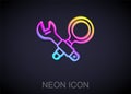 Glowing neon line Debugging icon isolated on black background. Debugging tool. Magnifying glass on bug programming Royalty Free Stock Photo