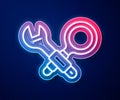 Glowing neon line Debugging icon isolated on blue background. Debugging tool. Magnifying glass on bug programming Royalty Free Stock Photo