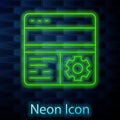 Glowing neon line Debugging icon isolated on brick wall background. Debugging tool. Magnifying glass on bug programming Royalty Free Stock Photo