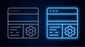 Glowing neon line Debugging icon isolated on brick wall background. Debugging tool. Magnifying glass on bug programming Royalty Free Stock Photo