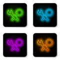 Glowing neon line Debugging icon isolated on white background. Debugging tool. Magnifying glass on bug programming Royalty Free Stock Photo