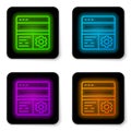 Glowing neon line Debugging icon isolated on white background. Debugging tool. Magnifying glass on bug programming Royalty Free Stock Photo