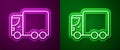 Glowing neon line Delivery cargo truck vehicle icon isolated on purple and green background. Vector