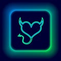 Glowing neon line Devil heart with horns and a tail icon isolated on black background. Valentines Day symbol. Colorful Royalty Free Stock Photo