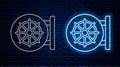 Glowing neon line Dharma wheel icon isolated on brick wall background. Buddhism religion sign. Dharmachakra symbol