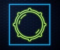 Glowing neon line Dial knob level technology settings icon isolated on brick wall background. Volume button, sound